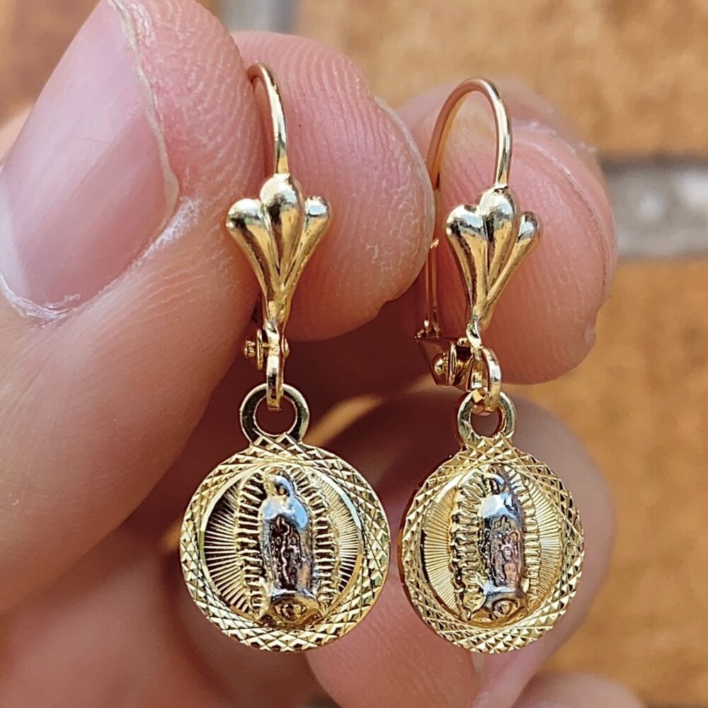 Brand New Earrings Virgen Guadalupe Diamond Cut Jewelry Gift Womens Aretes Mujer